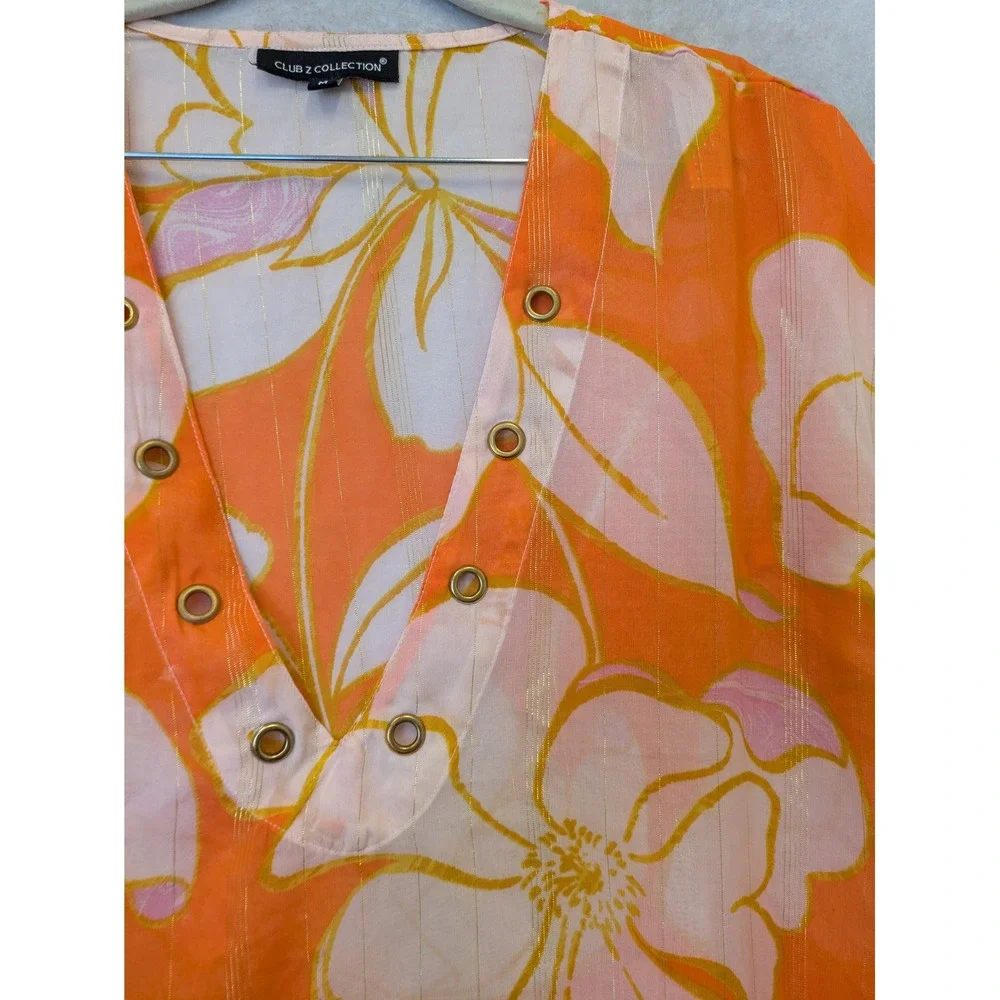 Club Z‎ Collection Kaftan Women's Medium Orange Floral Metallic Grommet V-Neck